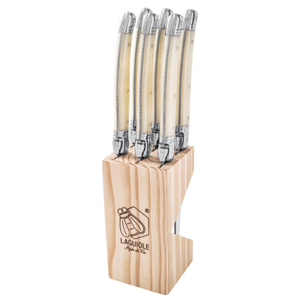Laguiole By Andre Verdier 4" 6-Piece Pearl Steak Knife Set with Knife Block