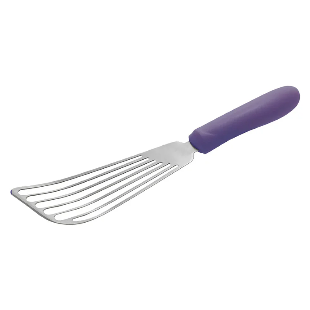 Winco TWP-60P 6.75" x 3.25" Allergen-Free Stainless Steel Slotted Fish Spatula with Purple Polypropylene Handle