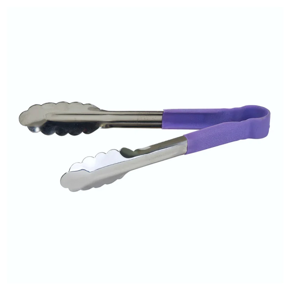 Winco UTPH-9P 9" Heat Resistant, Allergen-Free Utility Tongs with Purple Polypropylene Handle
