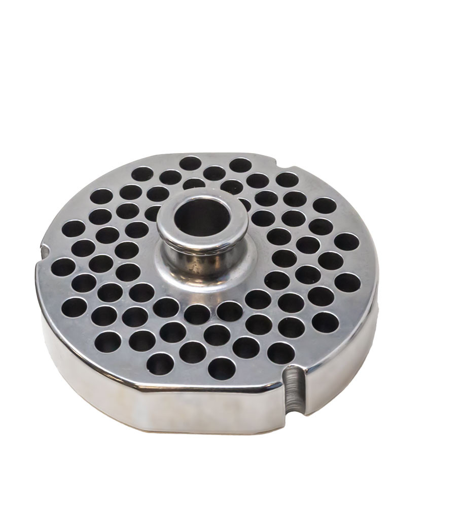 Omcan - #52 Meat Grinder Plate w/ Hub, 9.5mm Holes, 3 Notches/2 Flat Sides - 39476