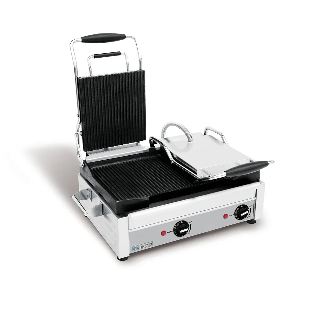 Eurodib SFE02375 18" x 11" Cooking Surface Double Panini Grill with Left Side Flat and Right Side Ribbed Plates - 240V