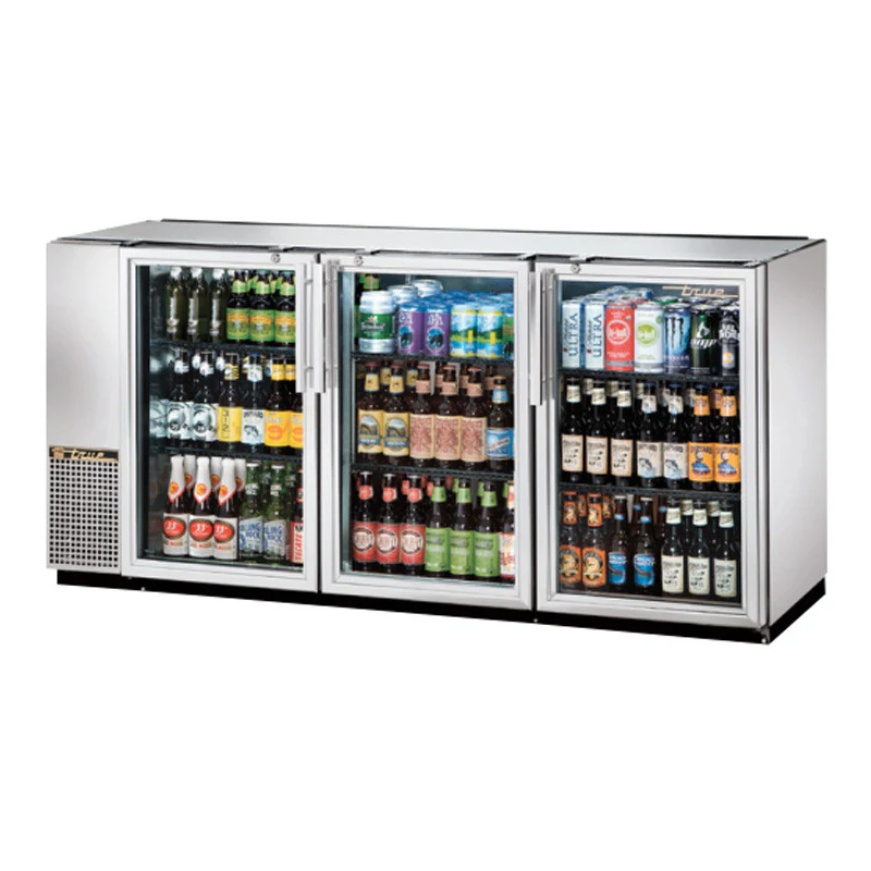 True TBB-24GAL-72G-S-HC-LD 72" Stainless Steel Glass Door Back Bar Refrigerator With Galvanized Top