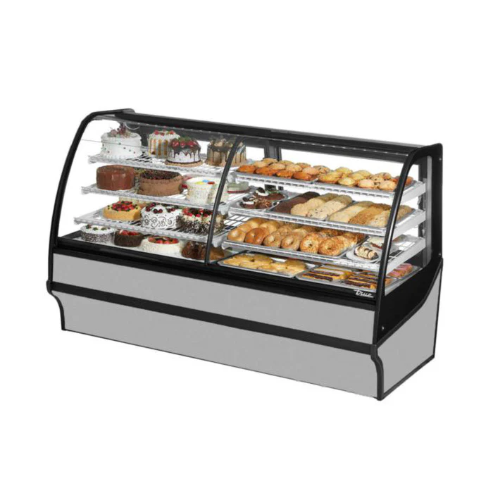 True TDM-DC-77-GE/GE-S-W 77" Stainless Steel Dry Merchandising Display Case with White Interior & Side Glasses