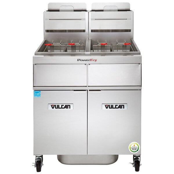 Vulcan - TR Series 180 lb PowerFry3 Liquid Propane Floor Fryer w/ Analog Controls, 2 Tanks & KleenScreen Filtration - 2TR85AF