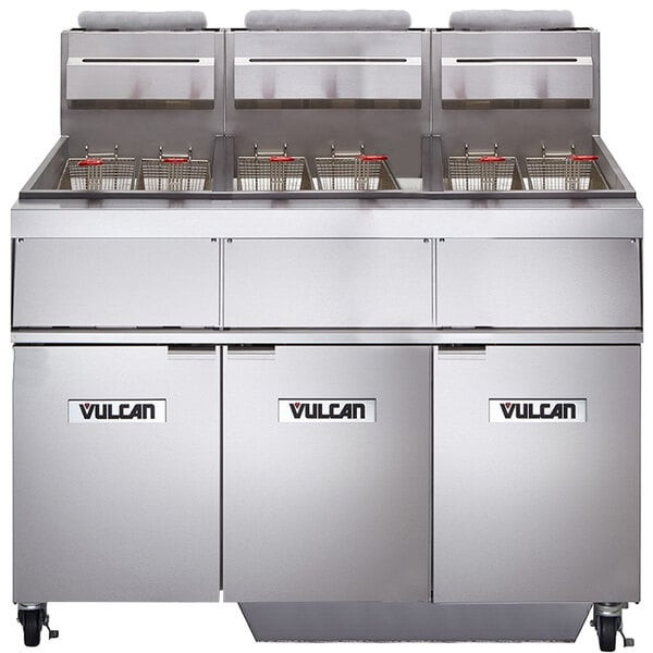 Vulcan - GR Series 150 lb Natural Gas Floor Fryer w/ Millivolt Controls, 3 Tanks & KleenScreen Filtration - 3GR45MF