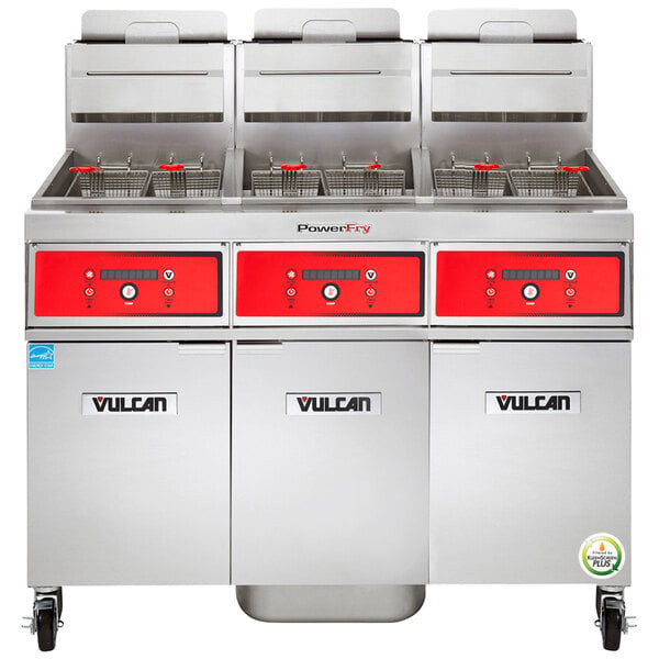 Vulcan - TR Series 150 lb PowerFry3 Natural Gas Floor Fryer w/ Digital Controls, 3 Tanks & KleenScreen Filtration - 3TR45DF