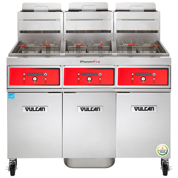Vulcan - TR Series 210 lb PowerFry3 Liquid Propane Floor Fryer w/ Digital Controls, 3 Tanks & KleenScreen Filtration - 3TR65DF