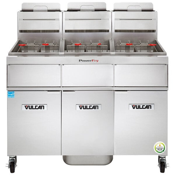 Vulcan - TR Series 270 lb PowerFry3 Natural Gas Floor Fryer w/ Analog Controls, 3 Tanks & KleenScreen Filtration - 3TR85AF