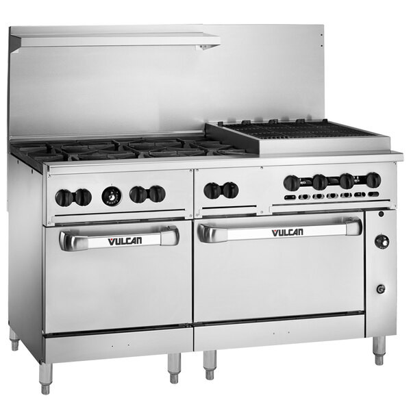 Vulcan - Endurance 60" Natural Gas Range w/ 6 Burners, 24" Charbroiler & 2 Ovens - 60SS-6B24CBN