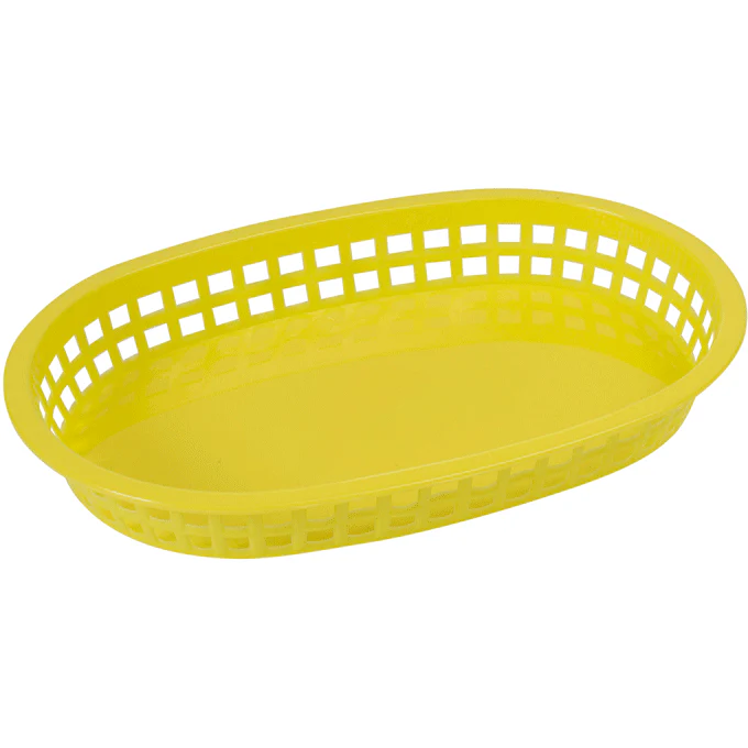 Winco PLB-Y 10" x 7" Oval Plastic Basket - Yellow - 12/Case